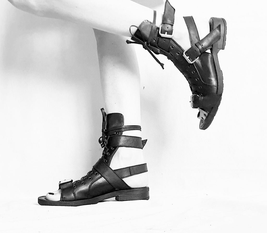 Gothic Gladiator Sandals, Black Leather Greek Style Shoes, Open Toe Summer Footwear