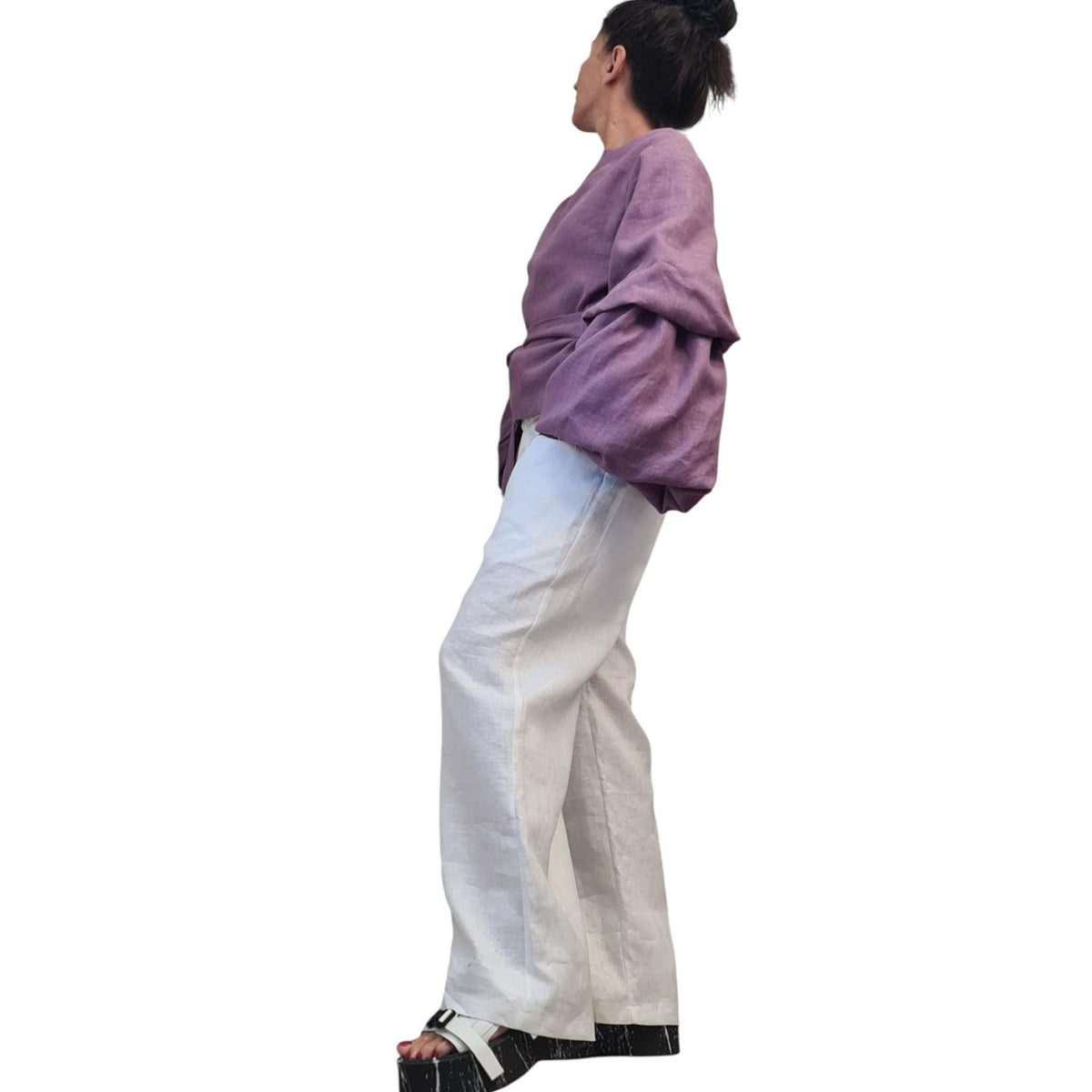 Lavender Linen Wrap Blouse, Reversible Top, Balloon Sleeves, Tie Waist, Oversized Fit, V Neck