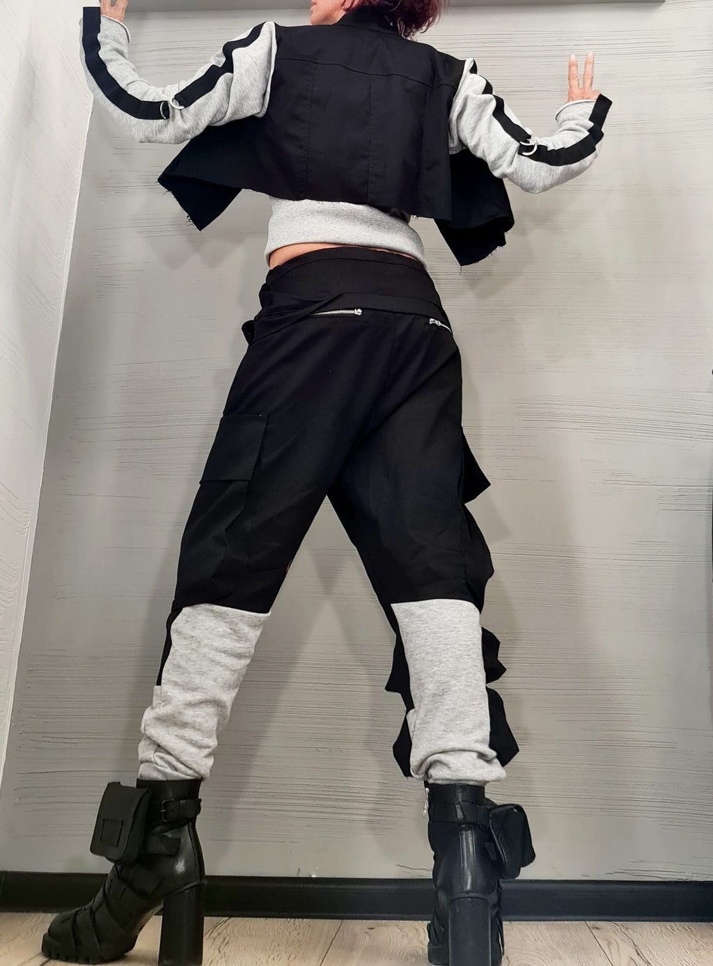 Black Cotton Harem Pants, Asymmetrical Jacket with Grey French Terry Sleeves, Two-Piece Co-Ord Set