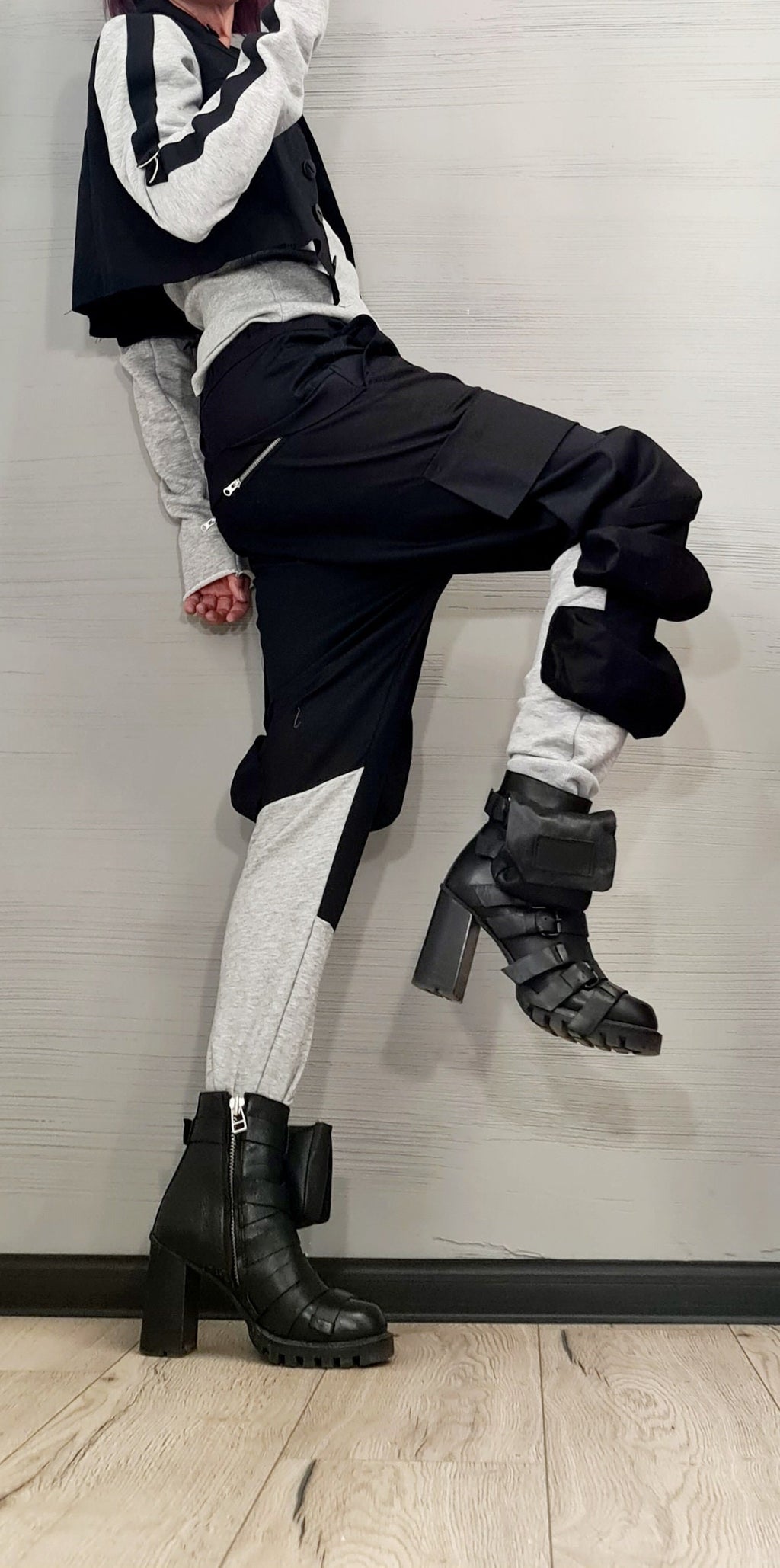 Black Cotton Harem Pants, Asymmetrical Jacket with Grey French Terry Sleeves, Two-Piece Co-Ord Set