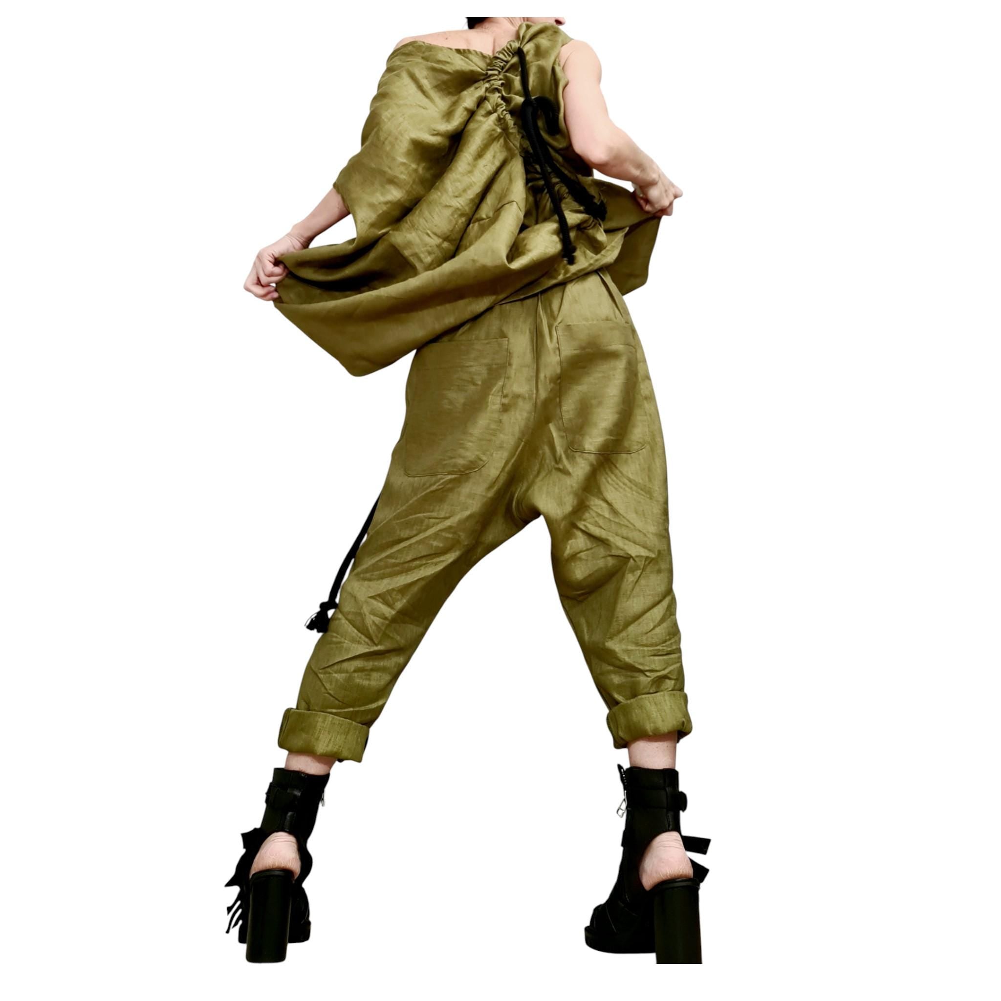 Military Green Linen Set – Avant Garde Drop Crotch Pants and Tunic