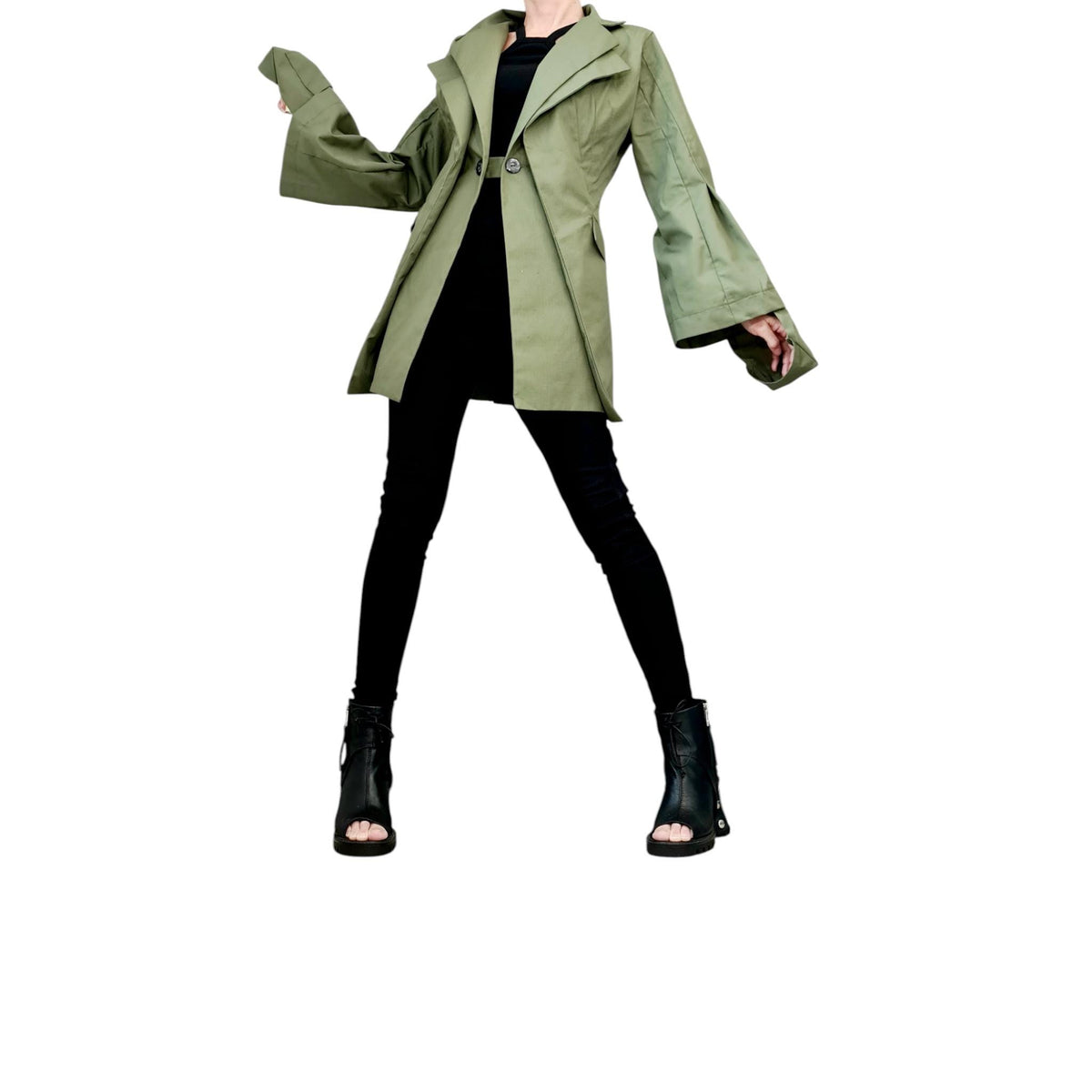 Olive Green Cotton Asymmetric Blazer, Fitted Long Jacket, Flared Sleeve Coat