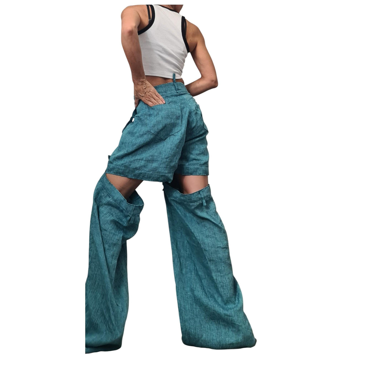 Turquoise Linen Pants for Women, Boho Drop Crotch Trousers, Layered Summer Bottoms