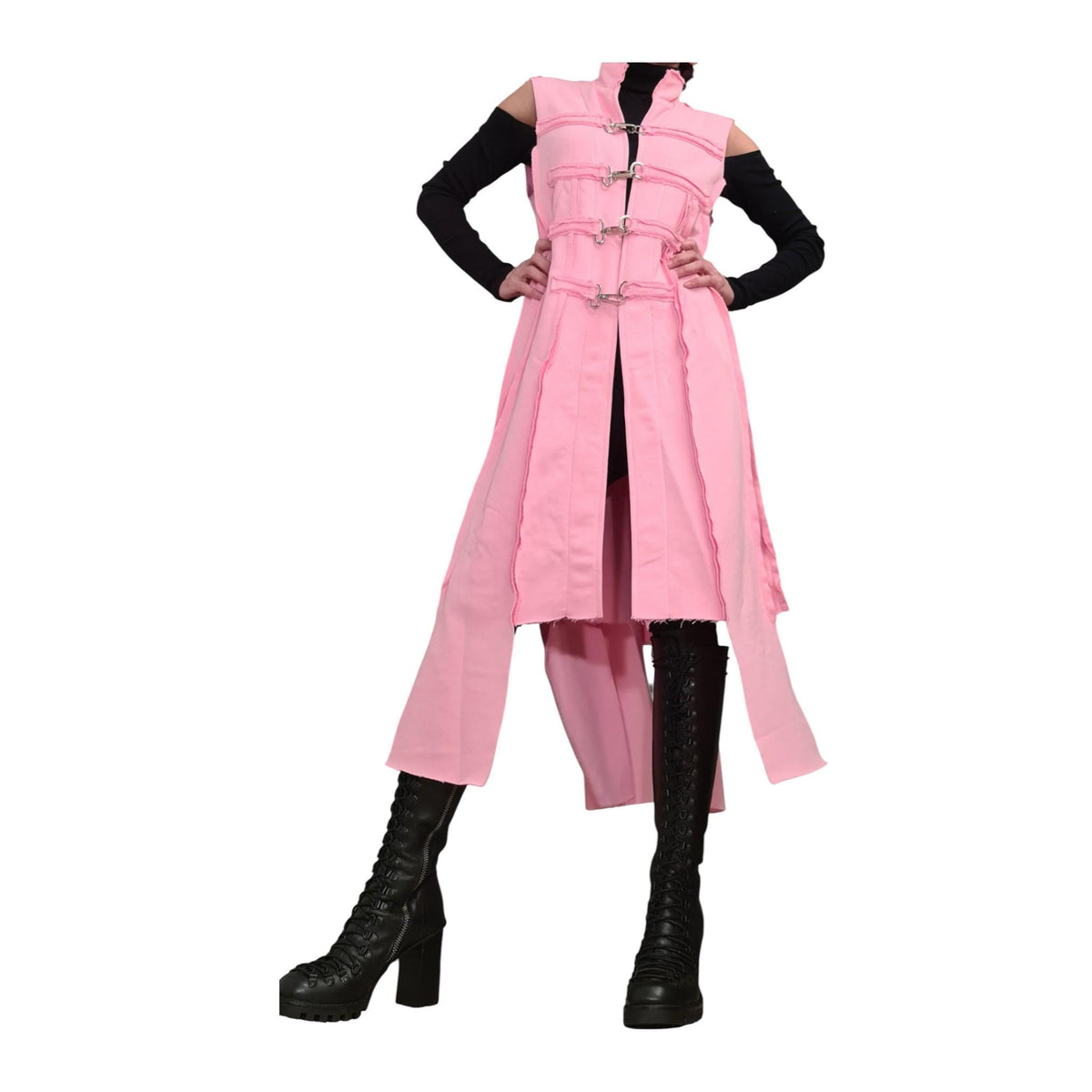 Baby Pink Asymmetrical Maxi Vest, Sleeveless Cotton Coat, Metal Buckle Closures, Plus Size