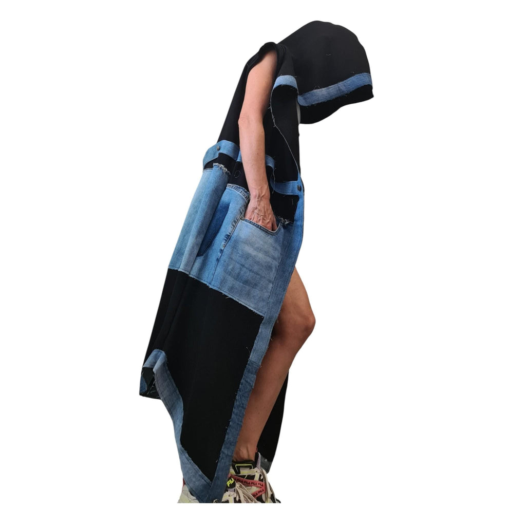 Gothic Denim Cotton Asymmetric Long Vest, Extravagant Maxi Style