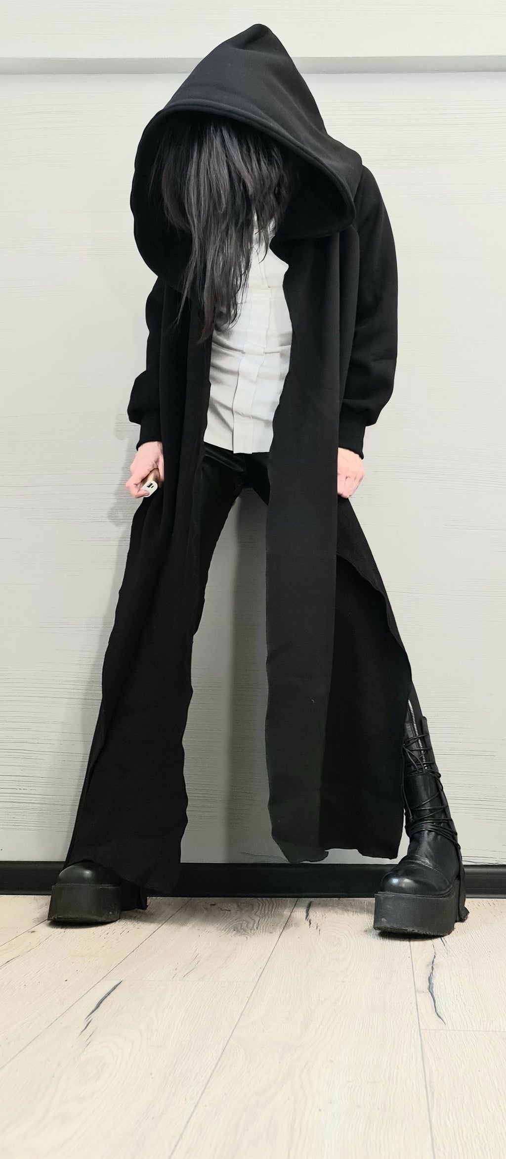 Black Cotton Hooded Sweatshirt, Cropped Back, Long Asymmetrical Draped Panels