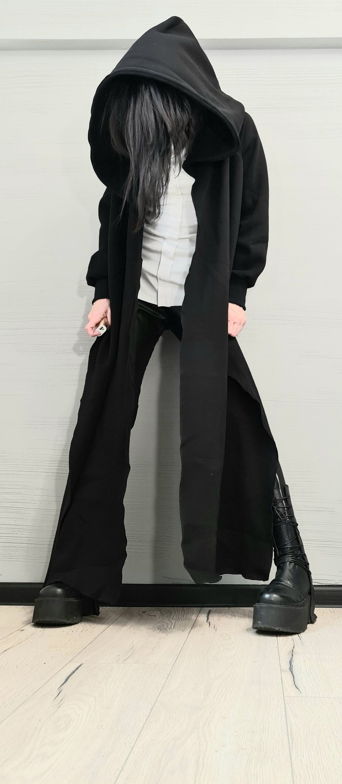 Black Cotton Hooded Sweatshirt, Cropped Back, Long Asymmetrical Draped Panels
