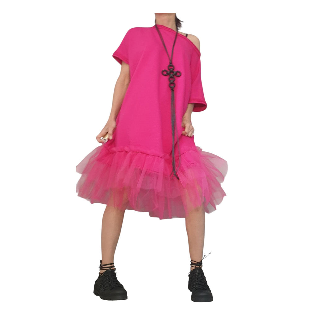 Fuchsia Asymmetrical Tulle Tunic, Cotton Avant Garde Dress, Loose Fit Plus Size Women