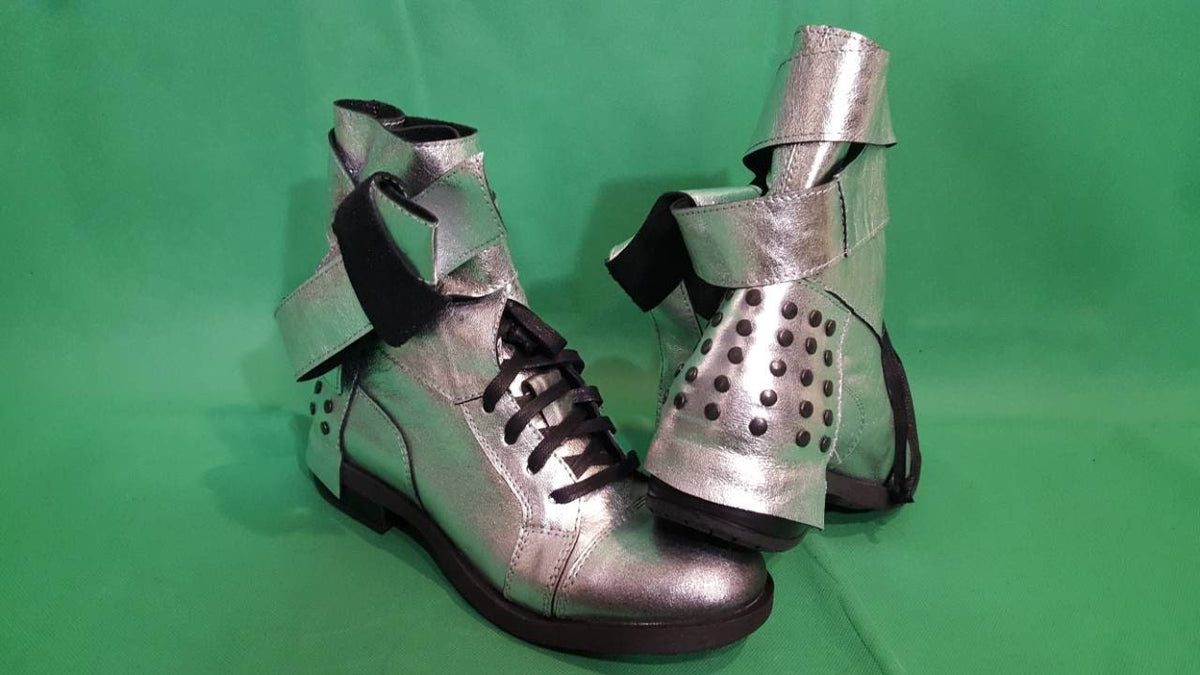 Silver Leather Boots, Grunge Ankle Booties, Steampunk Flat Shoes