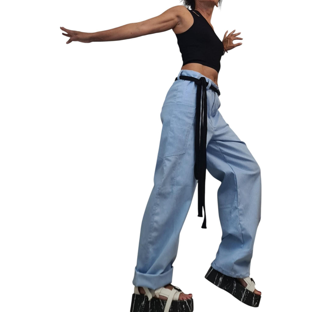 Light Blue Balloon Denim Pants, Wide Leg Barrel Jeans