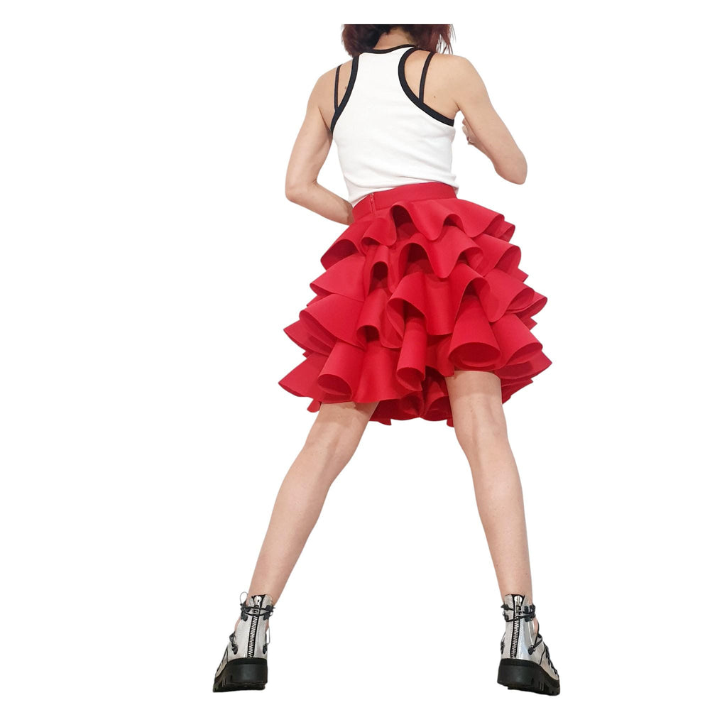 Red Neoprene Circle Skirt, Asymmetric Ruffle Ball