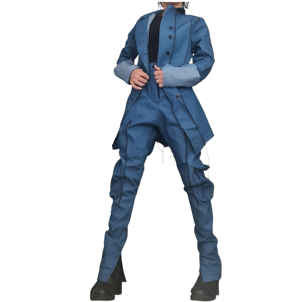 Denim Avant Garde Set, Asymmetric Blazer and Cargo Pants, Deconstructed Extravagant Womens Clothing
