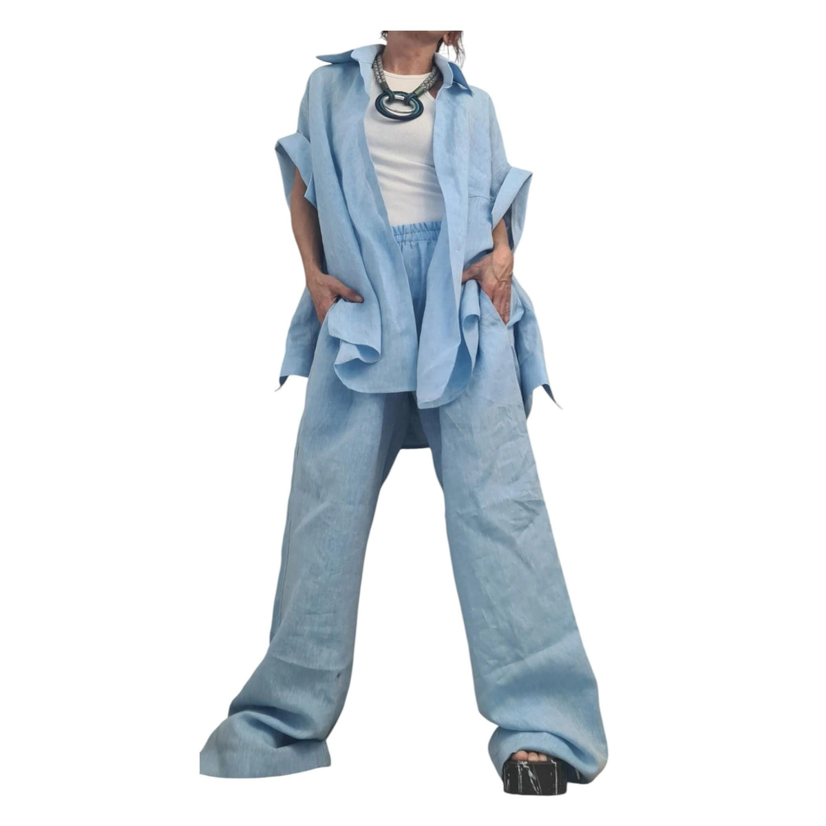 Linen Set Women, Baby Blue Wide Leg Pants, Asymmetric Shirt, Loose Summer Outfit