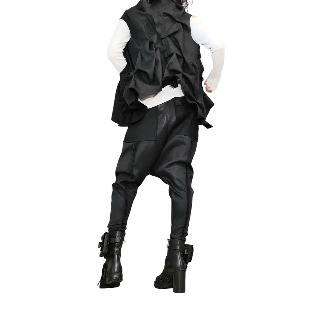 Black Neoprene Harem Pants, Tapered Legs, Ruched Asymmetrical Vest, Two Piece Co-Ord Set