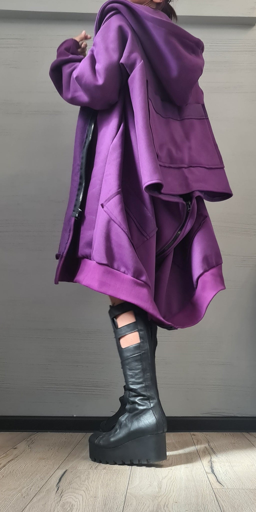 Purple Asymmetric Hooded Sweatshirt, Oversized Cotton Jacket, Longline Zip Up Hoodie