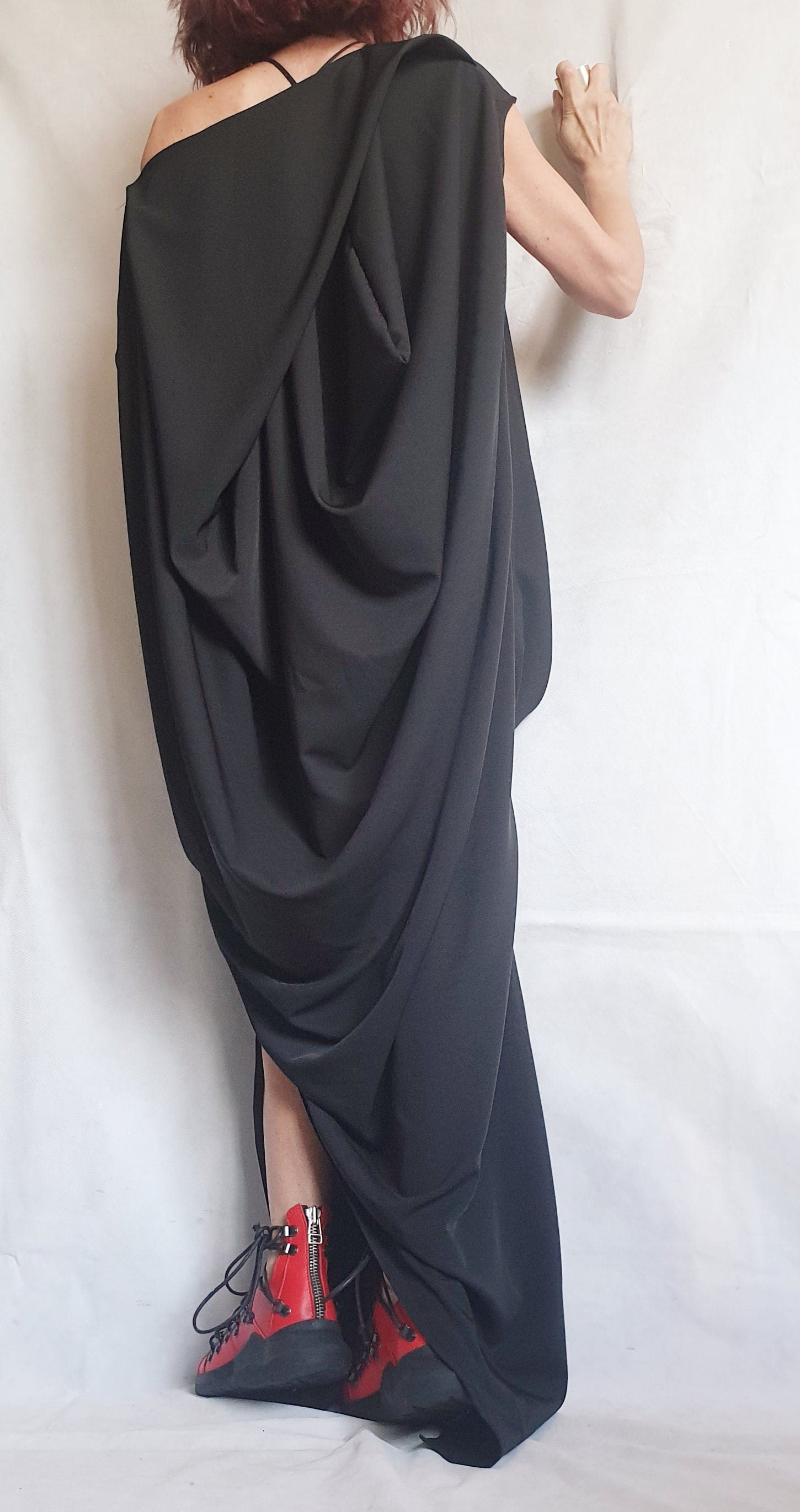 Black One Shoulder Maxi Dress, Avant Garde Draped Plus Size Clothing