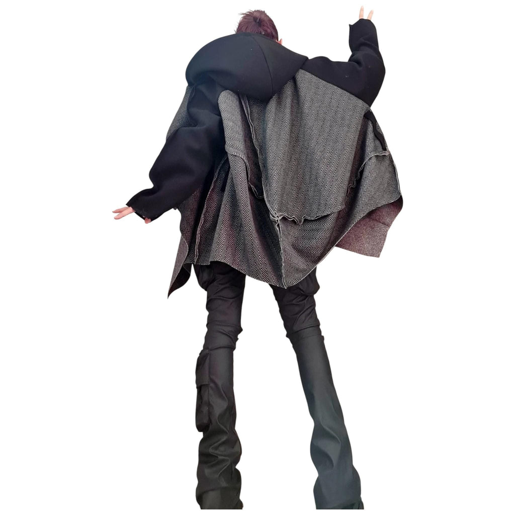 Grey and Black Asymmetrical Hooded Poncho, Herringbone Wool Cape, Long Sleeves, Plus Size