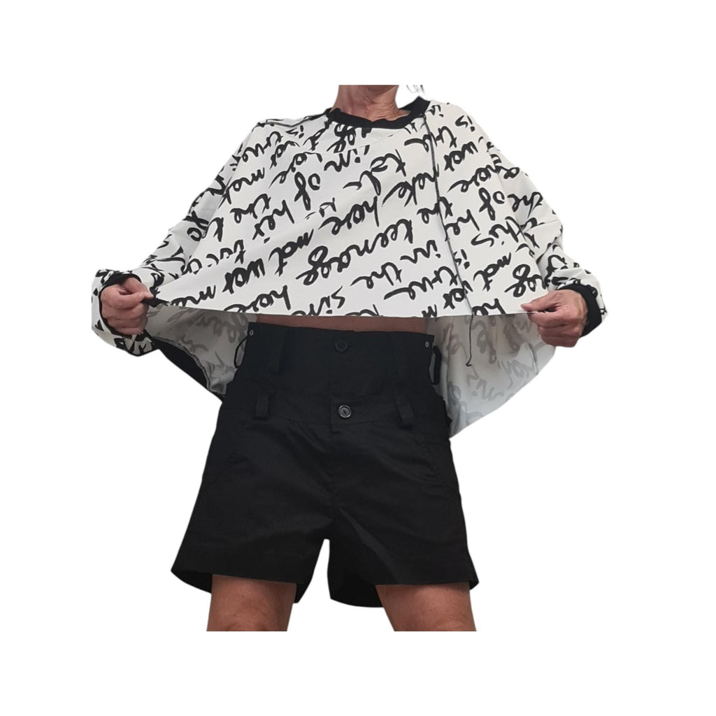 Asymmetrical Cotton Tunic, Loose Top, White Top with black lettering