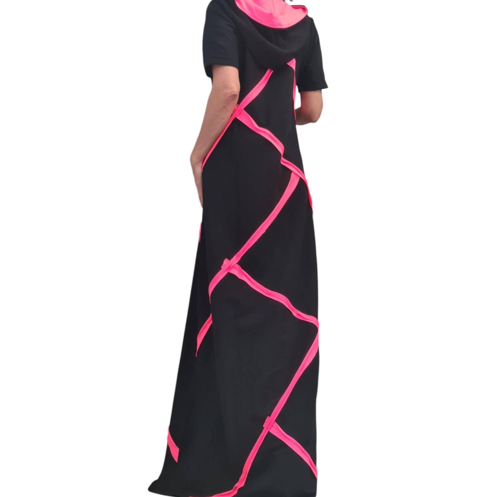 Black Hooded Cotton Maxi Dress with Neon Stripes, Loose Fit, Short sleeve, Plus Size