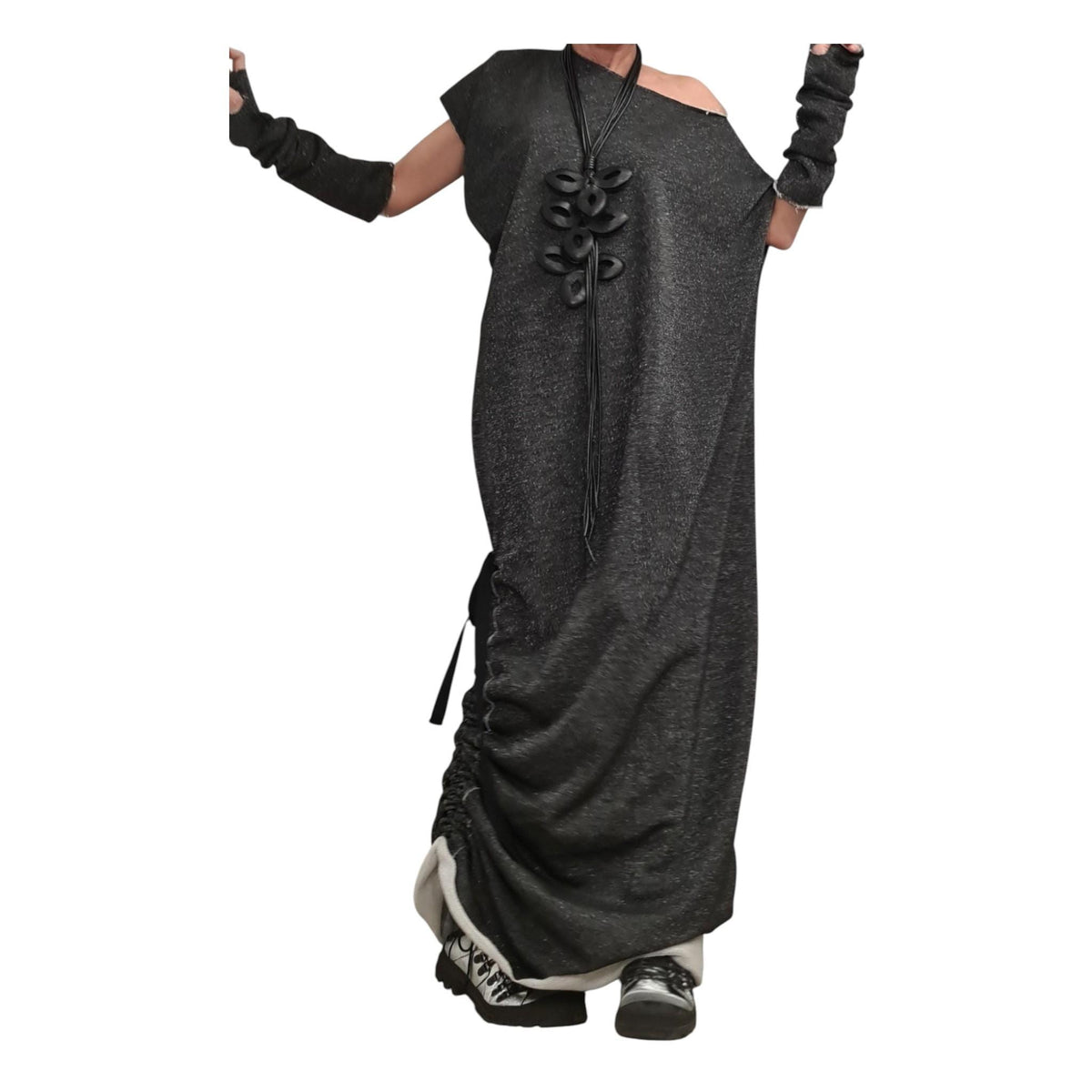 Black Silver Maxi Dress: One Shoulder, Loose Oversize Tunic