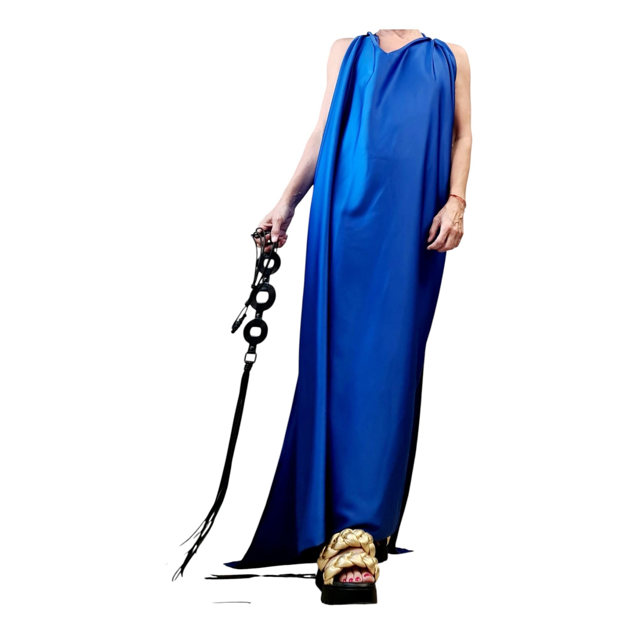 Royal Blue Draped Maxi Dress – Avant-Garde Open Back Grecian Gown