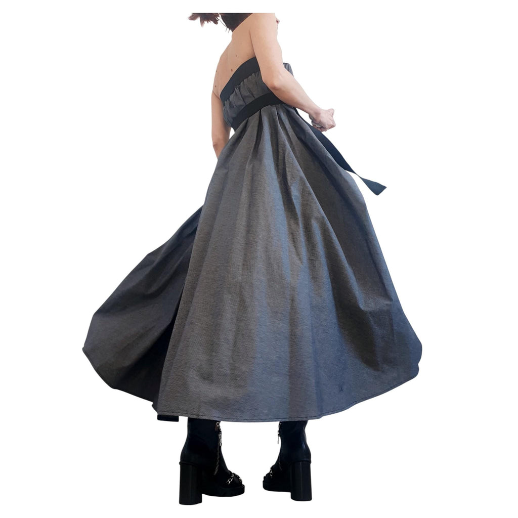 Dark Grey Cotton Sateen Maxi Skirt Dress, Adjustable Drawstrings, Layered Tulle, Convertible Design