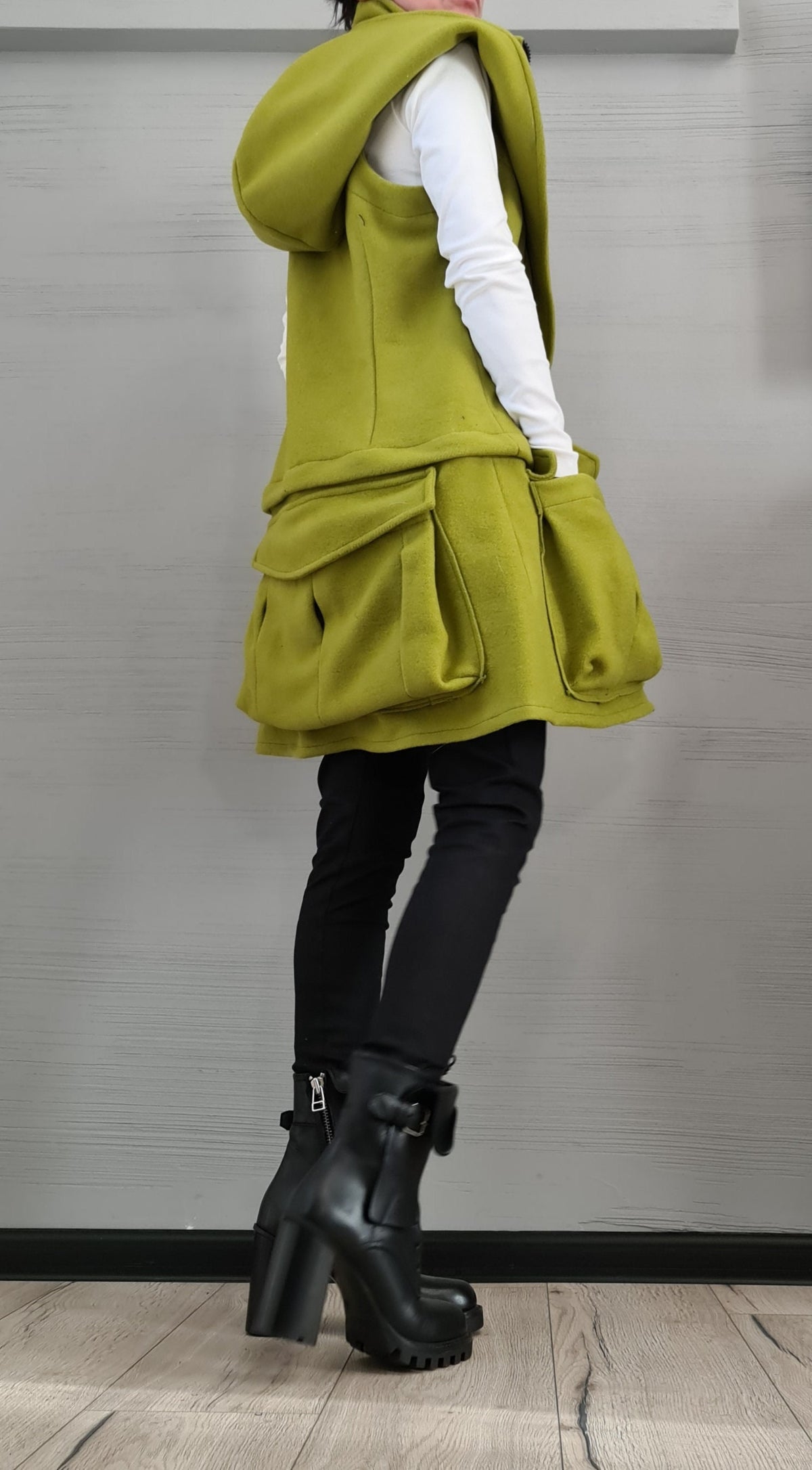 Pistachio Asymmetric Convertible Hooded Vest, Detachable Cargo Pocket Panel, Long or Cropped, Plus Size