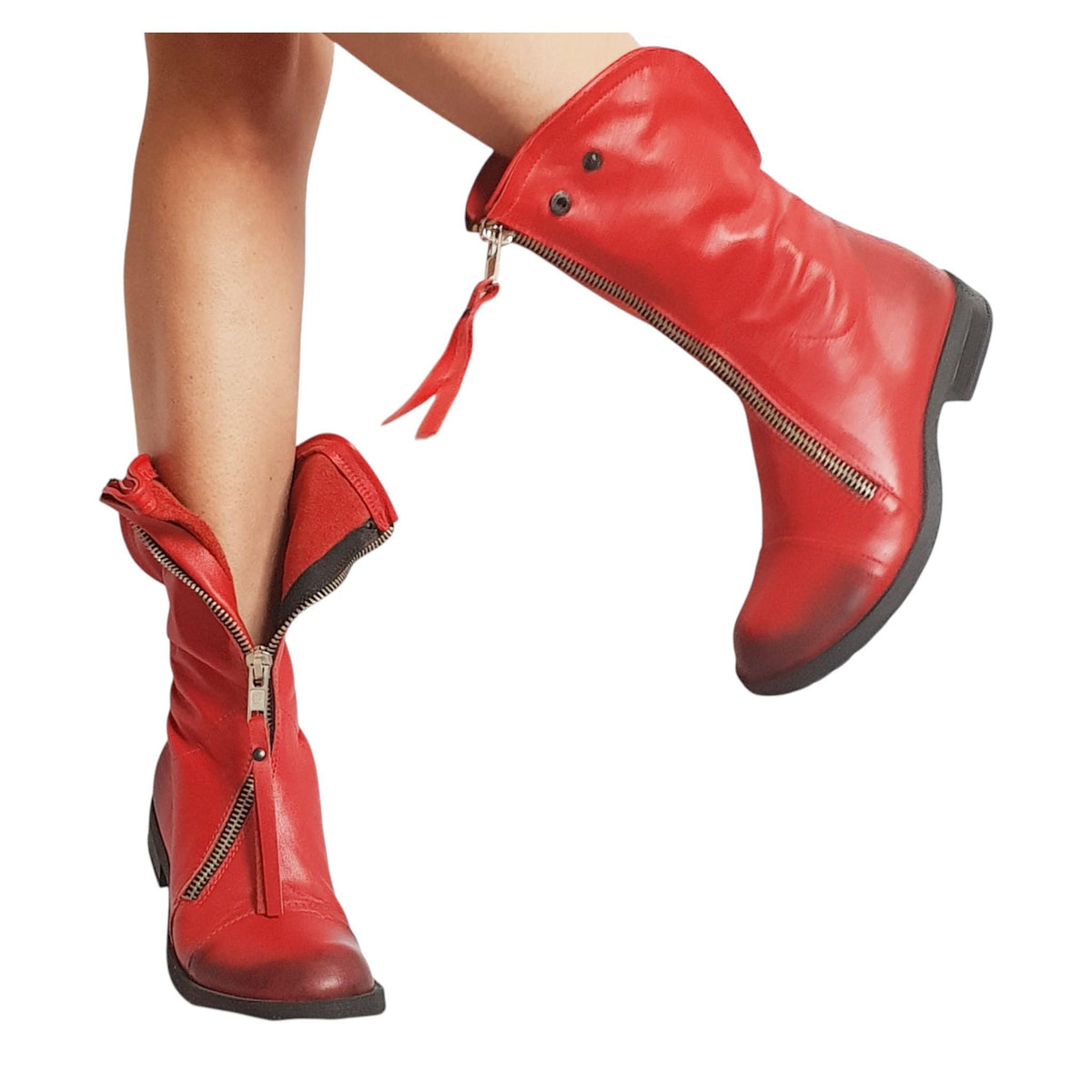 Red Leather Boots, Extravagant Women Booties, Winter Gothic Ankle Shoes