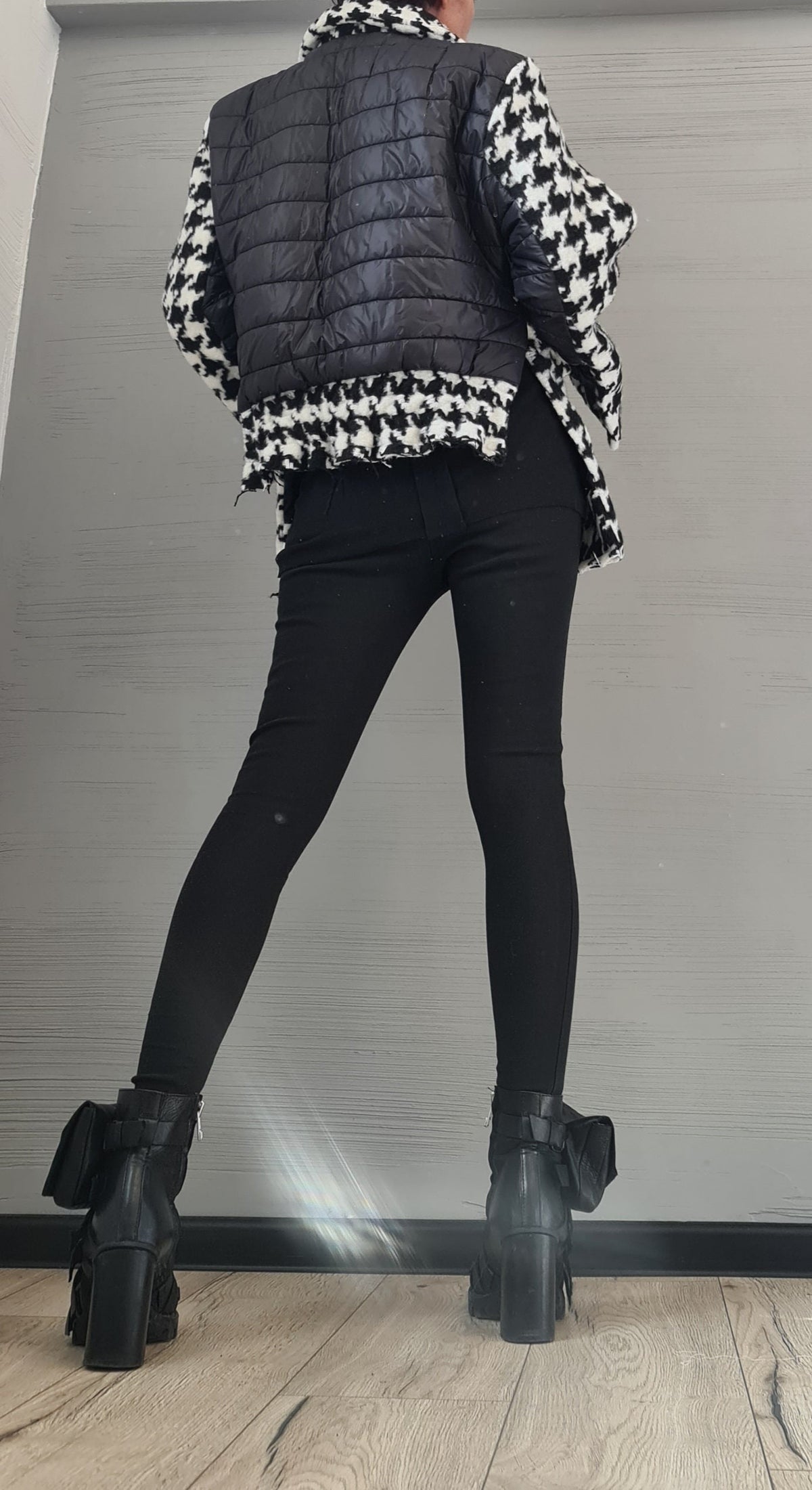 Black and White Houndstooth Wool Coat, Oversized Winter Jacket, Quilted Puffer Lining