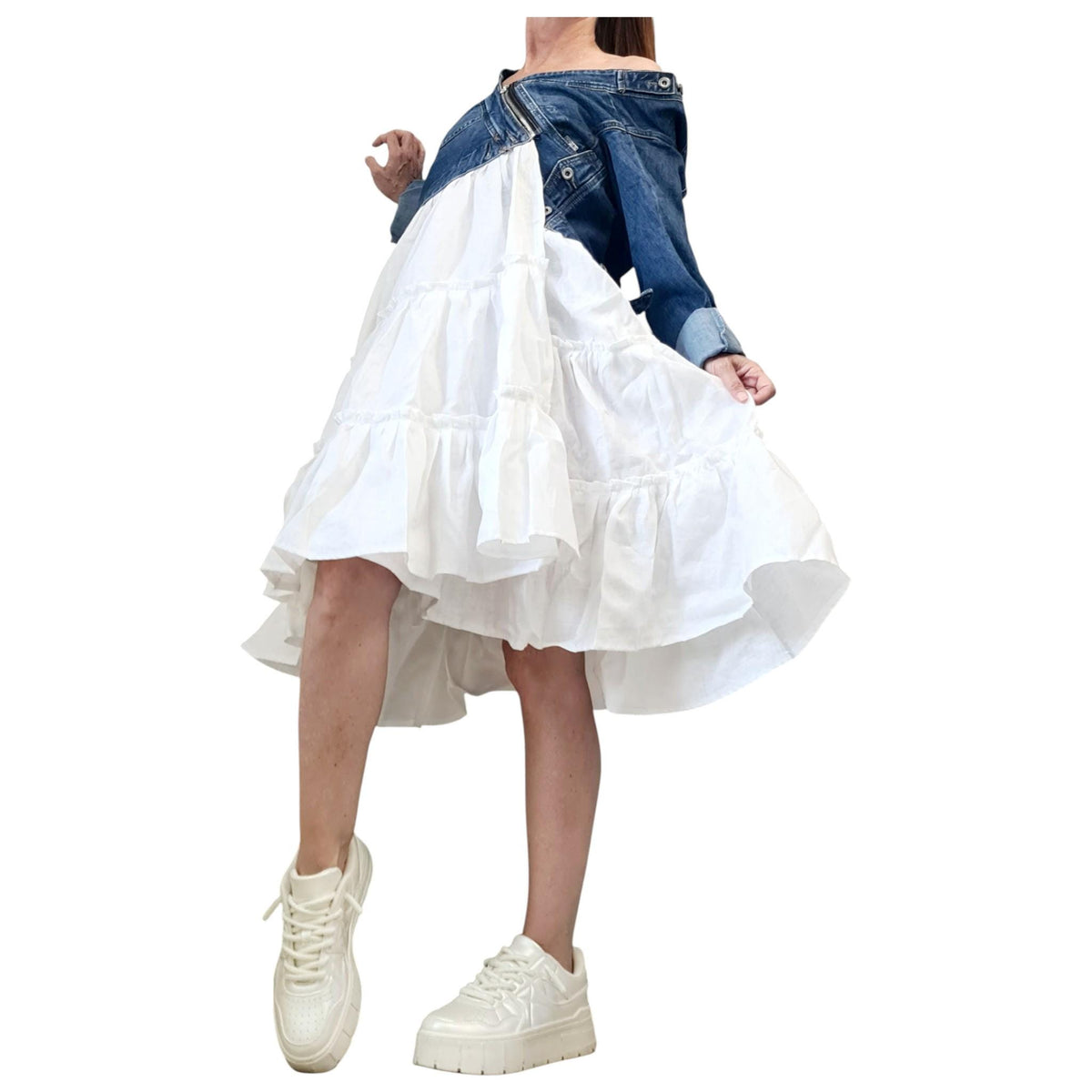 White Linen Dress with Denim Top, Off Shoulder Asymmetric Ruffle Dress