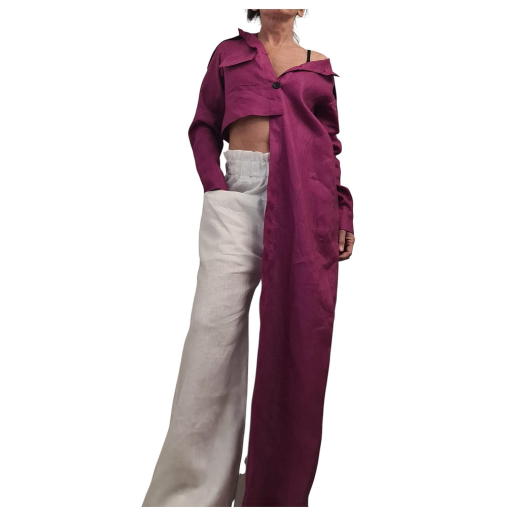 Magenta Linen Shirt, One Shoulder Asymmetrical High Low Tunic for Women