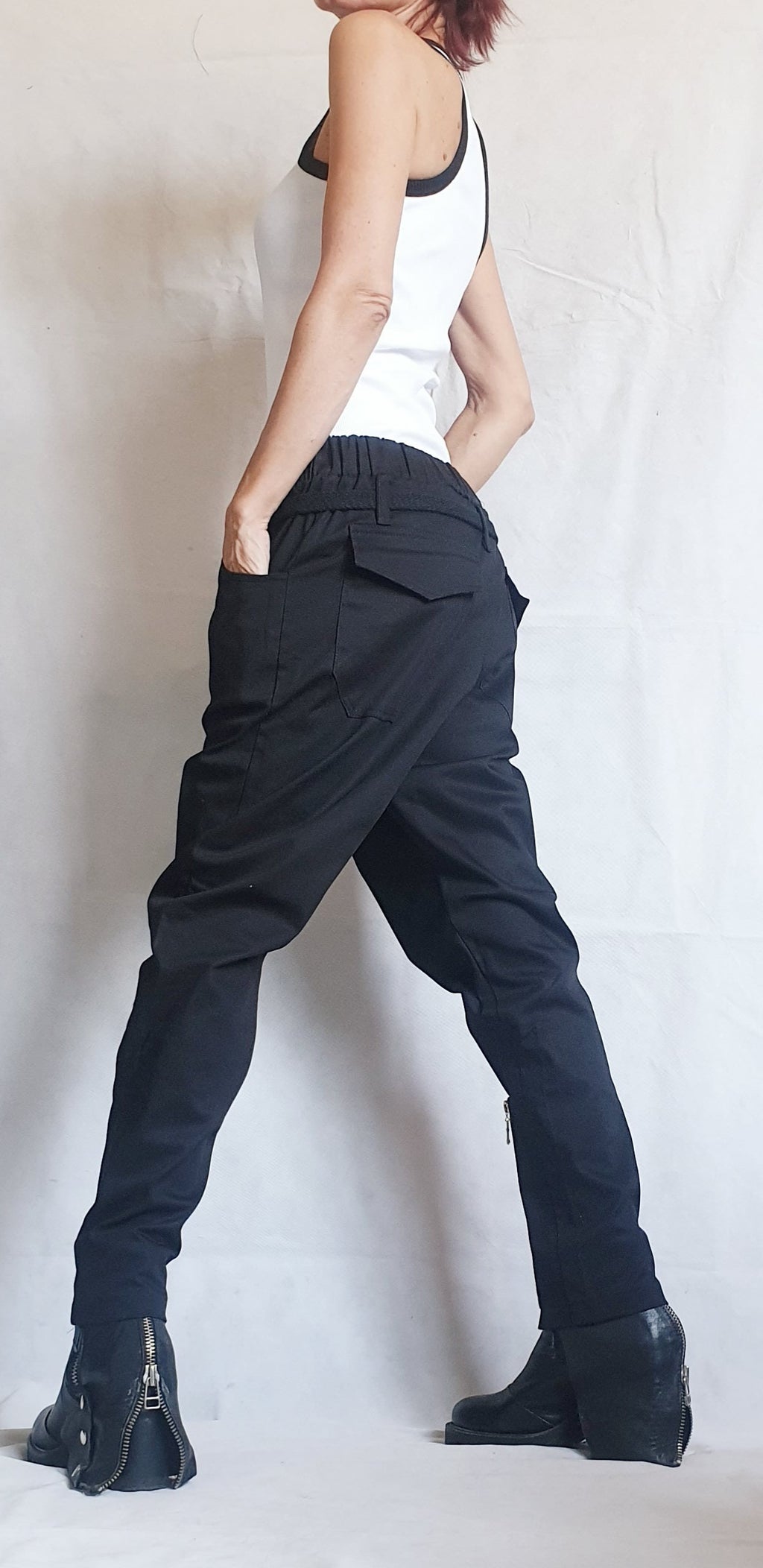 Black Drop Crotch Trousers, Zip Detail Pants for Tapered Leg