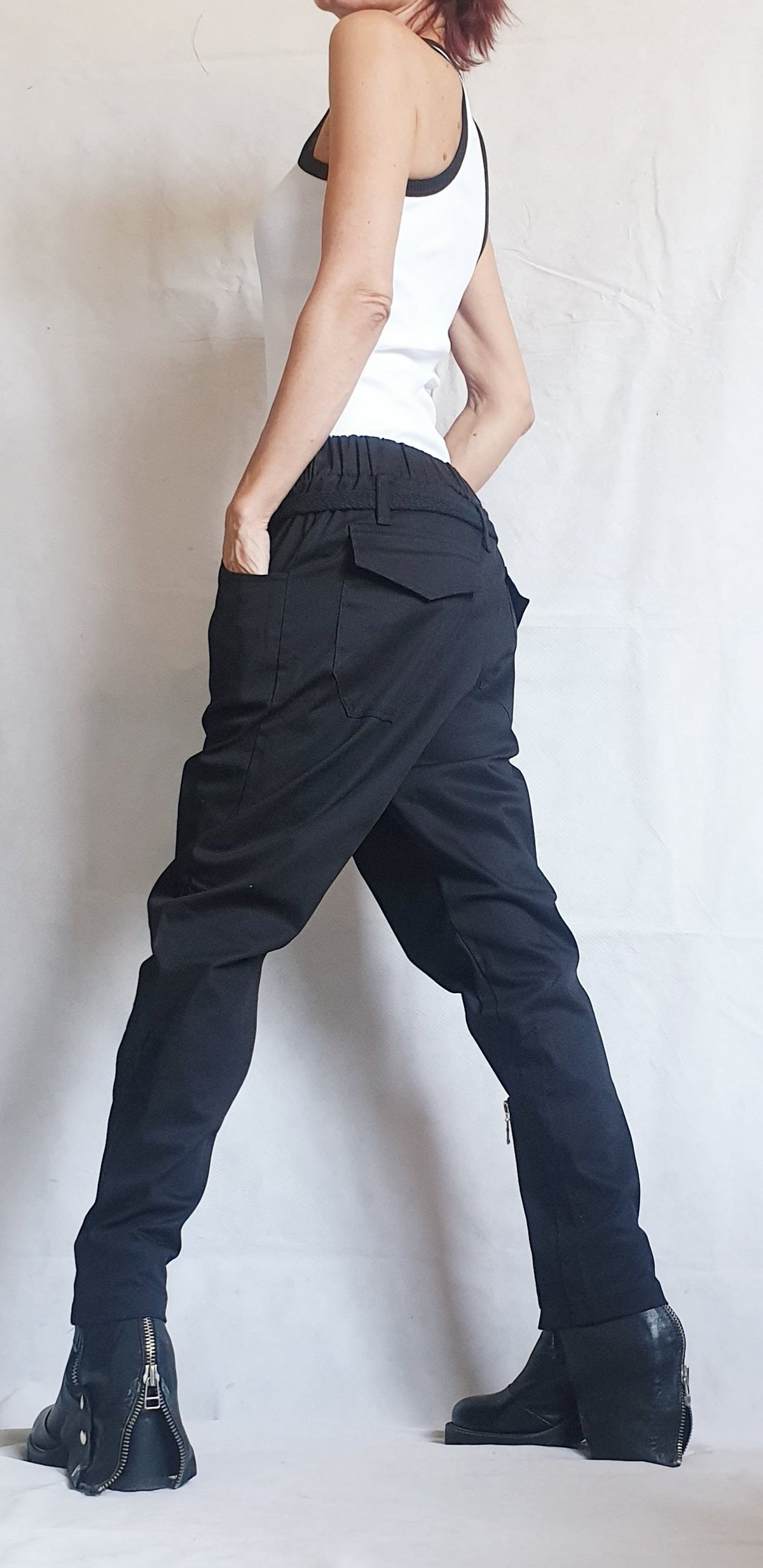 Black Drop Crotch Trousers, Zip Detail Pants for Tapered Leg