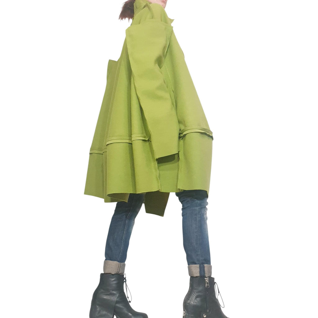 Pistachio Green Oversized Wool Coat, Plus Size Asymmetric Jacket, Deconstructed Sleeves
