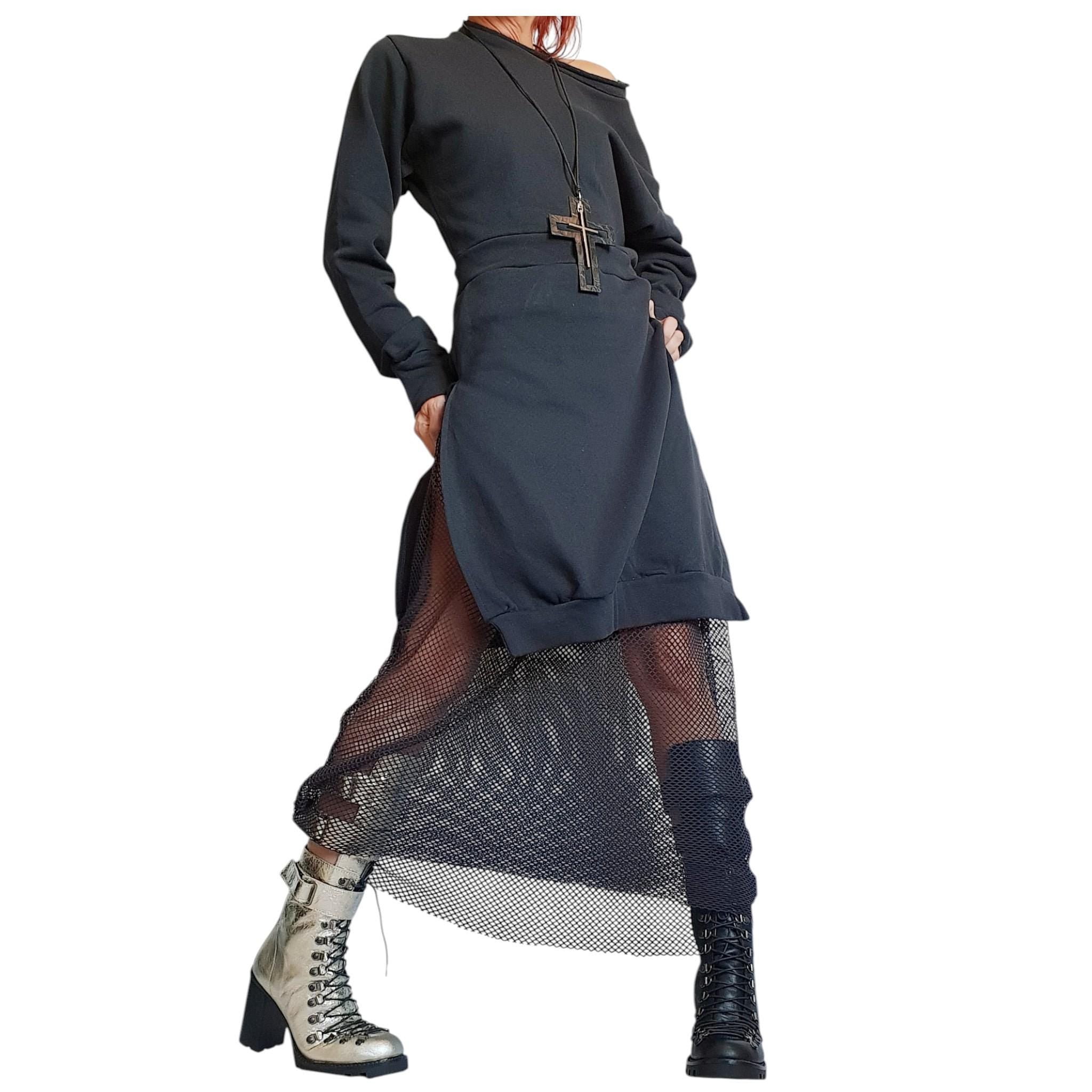 Extravagant Long Dress, Gothic Dress, Black Long Cotton Dress, Asymmetric Dress, Boho Clothing, Sleeve Dress, Steampunk Dress