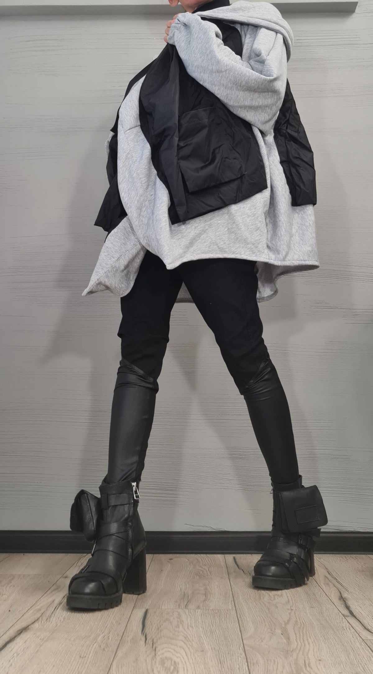 Black and White Asymmetric Cotton Poncho, Oversized Hooded Sweatshirt with Long Sleeves, Plus Size