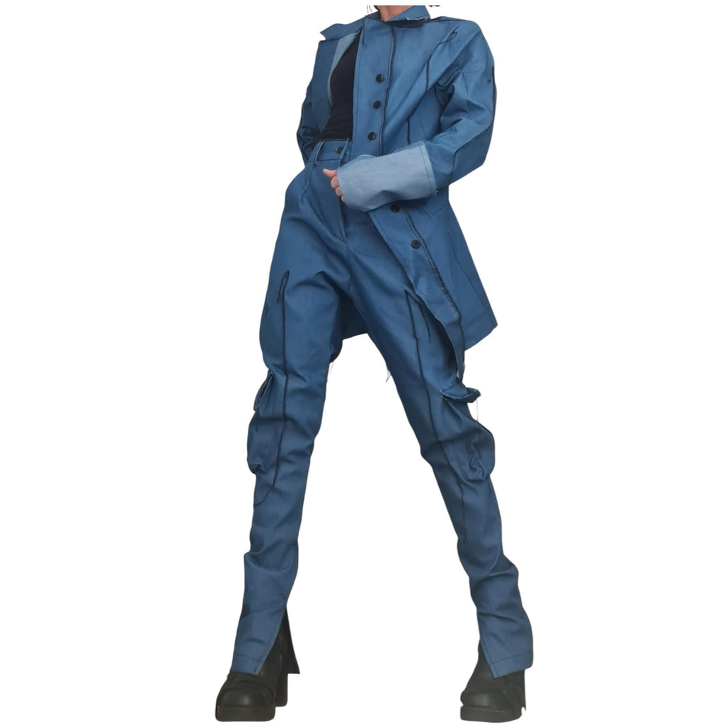 Denim Avant Garde Set, Asymmetric Blazer and Cargo Pants, Deconstructed Extravagant Womens Clothing