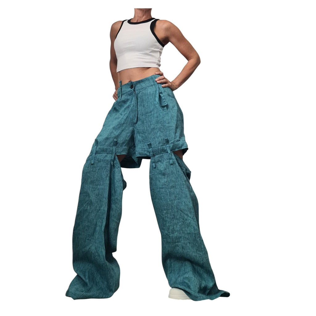 Turquoise Linen Pants for Women, Boho Drop Crotch Trousers, Layered Summer Bottoms