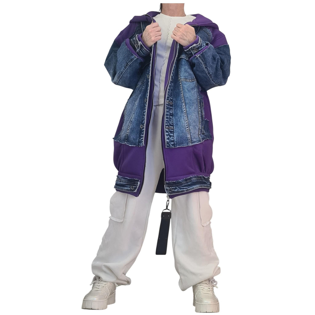 Purple Avant Garde Denim Hoodie, Oversized Cotton Sweatshirt, Designer Streetwear for Women