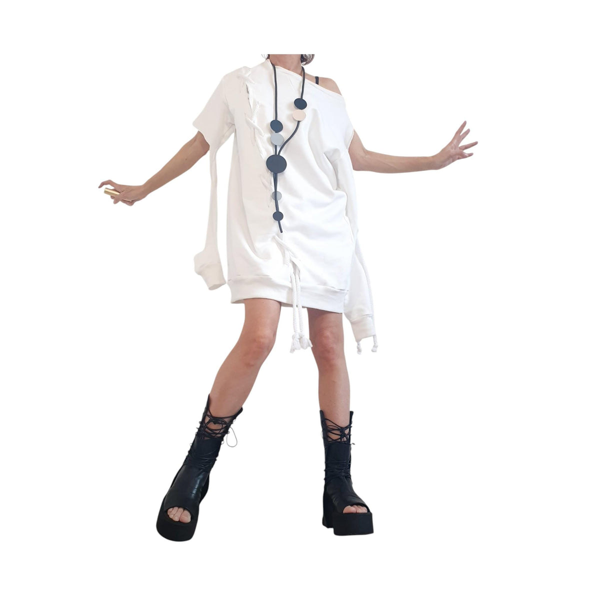 White Plus Size Dress, Bubble Blouson, Asymmetric Loose Cotton Tunic