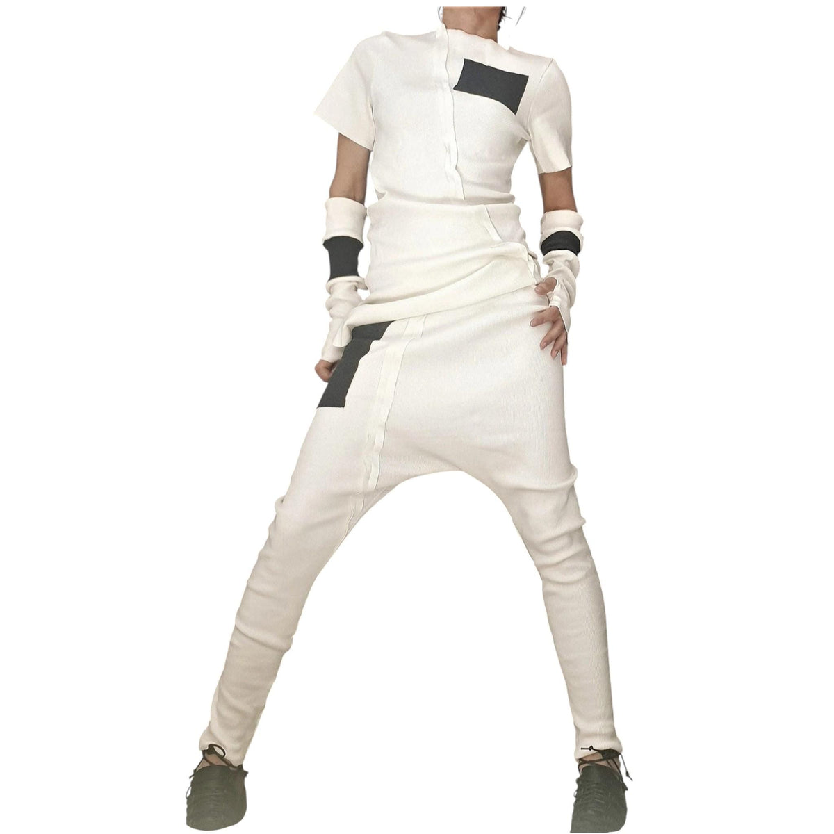 White Cotton Tapered Harem Pants, Asymmetrical Blouse, Detachable Sleeves with Thumb Holes, Co-Ord Set