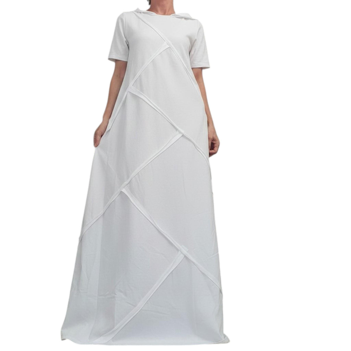White Hooded Maxi Dress, Loose Summer Dress, Asymmetric Trim, Pockets, Short Sleeve Clothing