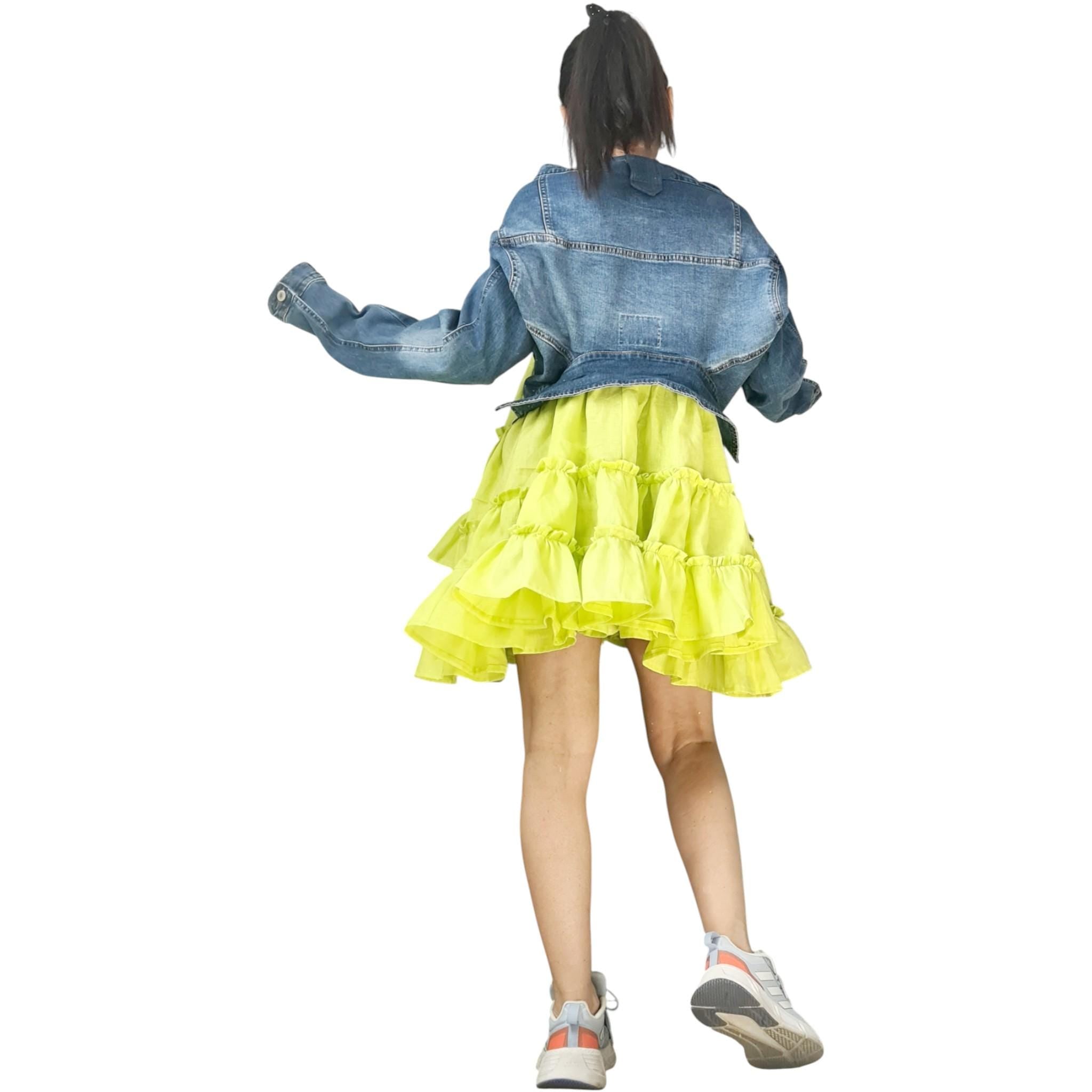 Off Shoulder Denim and Linen Dress for Women, Lime Ruffle Skirt, Asymmetric Oversize Clothing