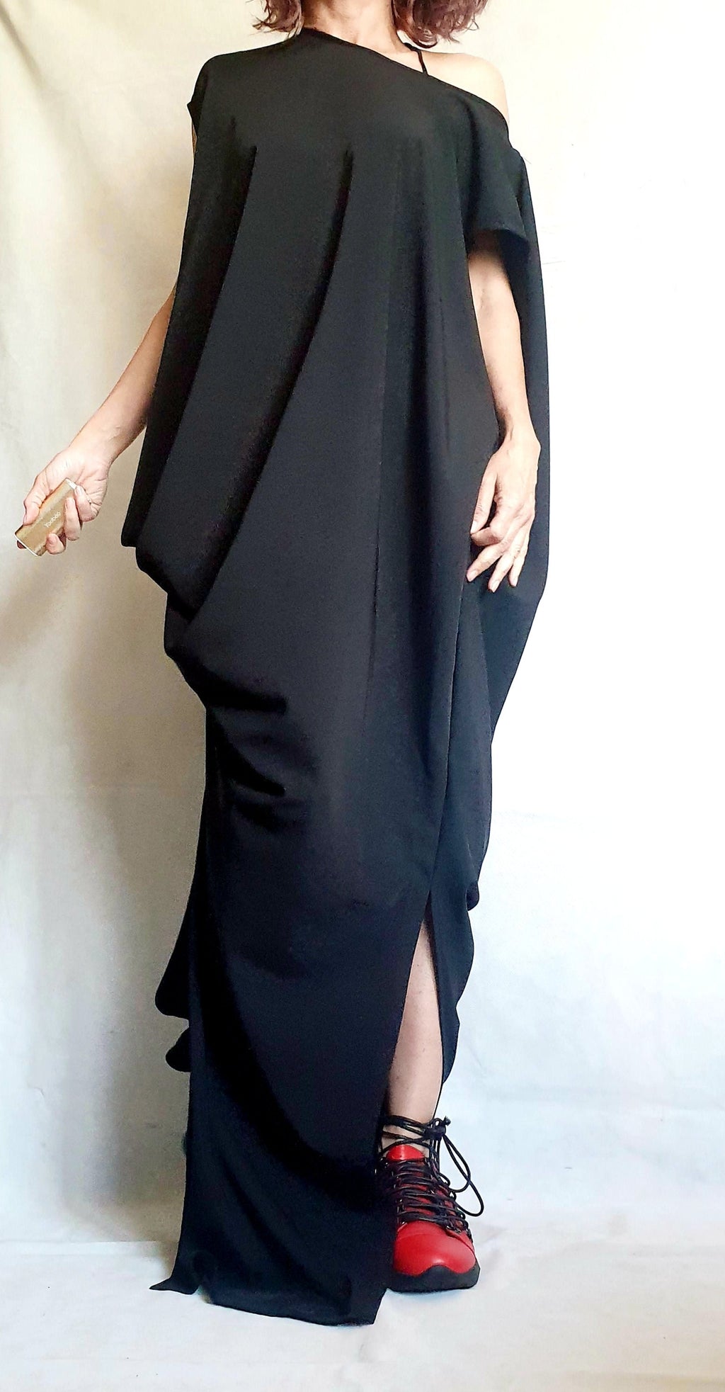 Black One Shoulder Maxi Dress, Avant Garde Draped Plus Size Clothing
