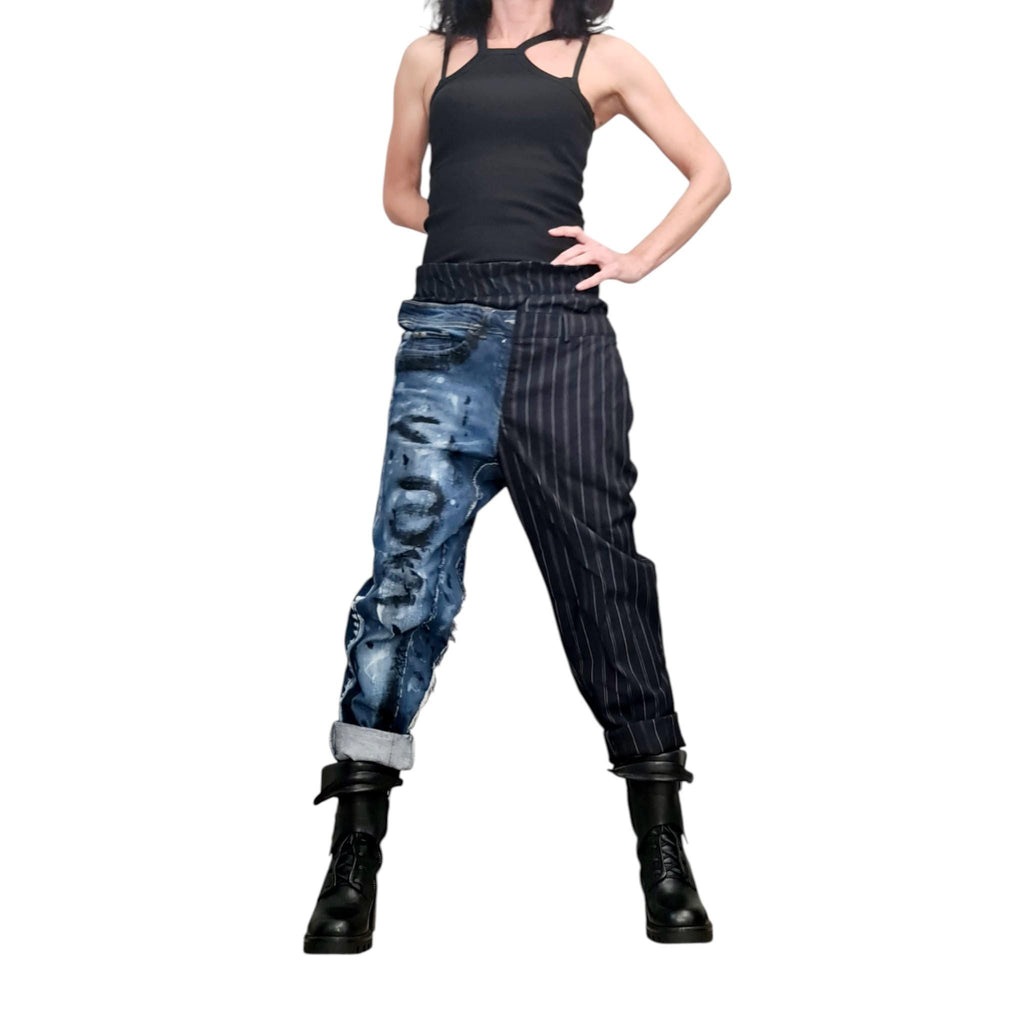 Asymmetric Patchwork Denim Pants, Mixed Fabric Trousers, Paint Splatter