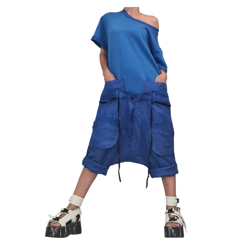 Blue Linen Harem Jumpsuit, Asymmetric Loose Overall, Wide Leg Drop Crotch Summer Romper