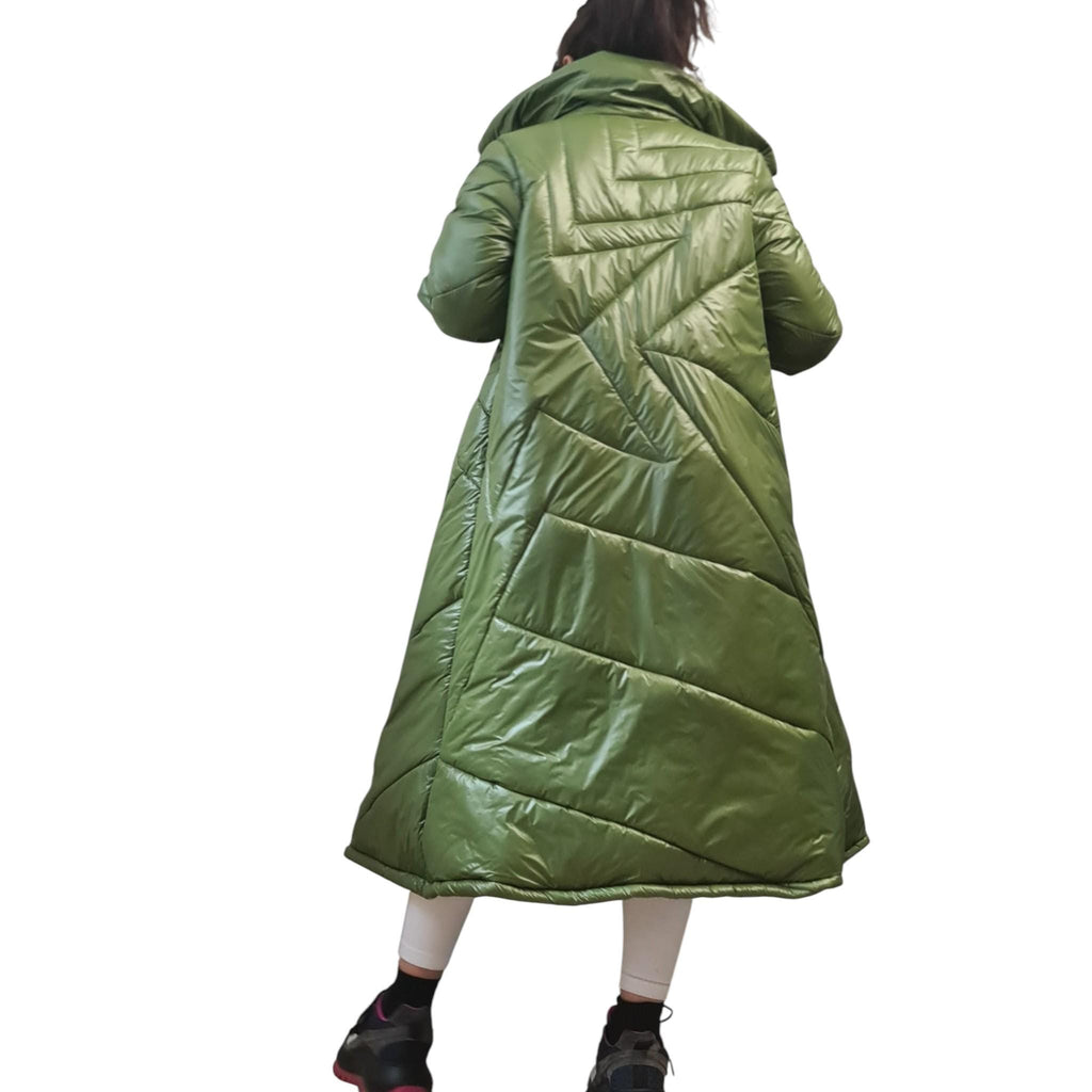 Green Maxi Puffer Coat, A-Line Quilted Jacket, Oversized High Collar Winter Outerwear