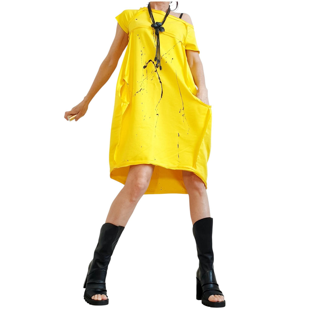 Yellow French Terry One Shoulder Dress for Women, Oversized Asymmetric Tunic Dress
