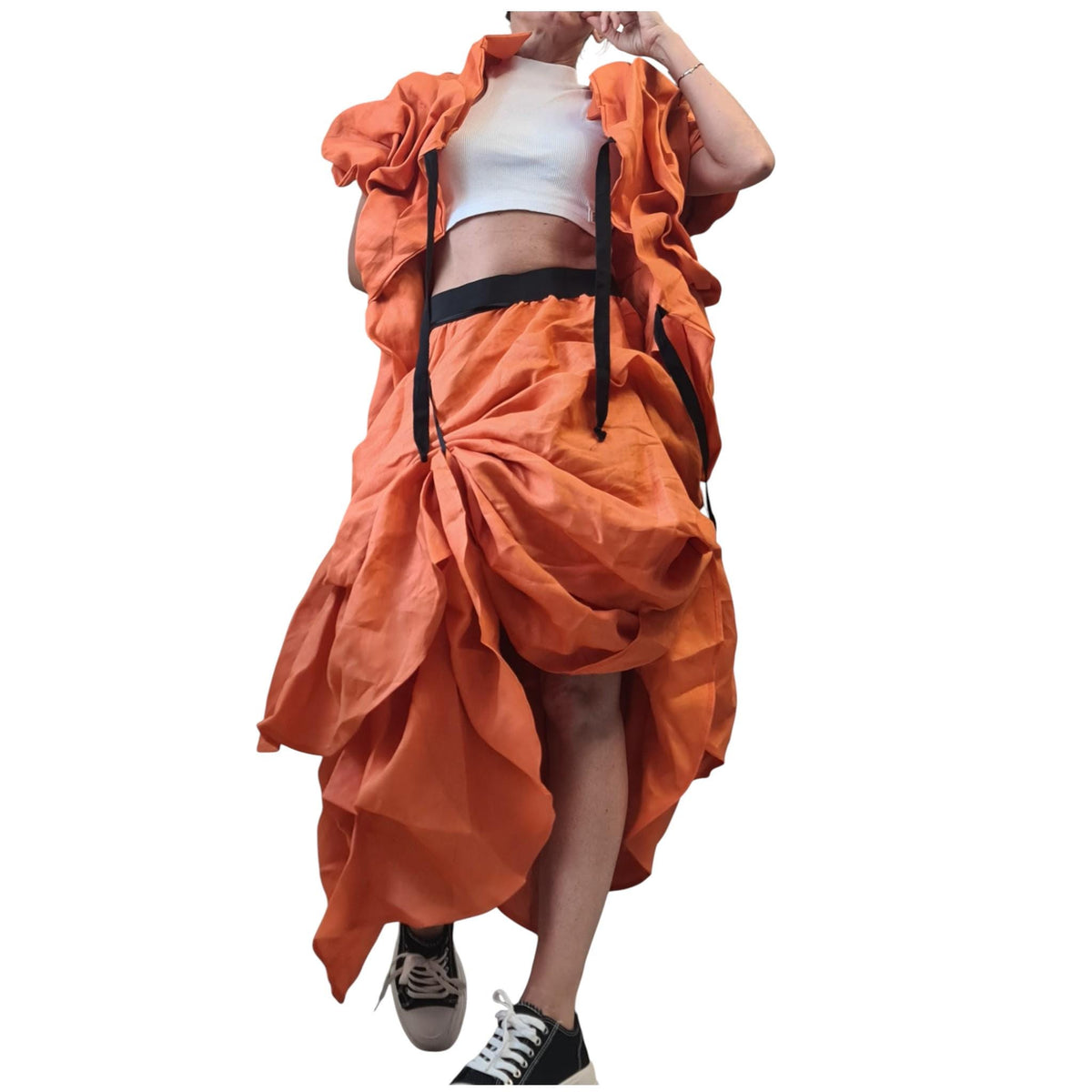 Orange Linen Cropped Vest, Sleeveless Summer Jacket