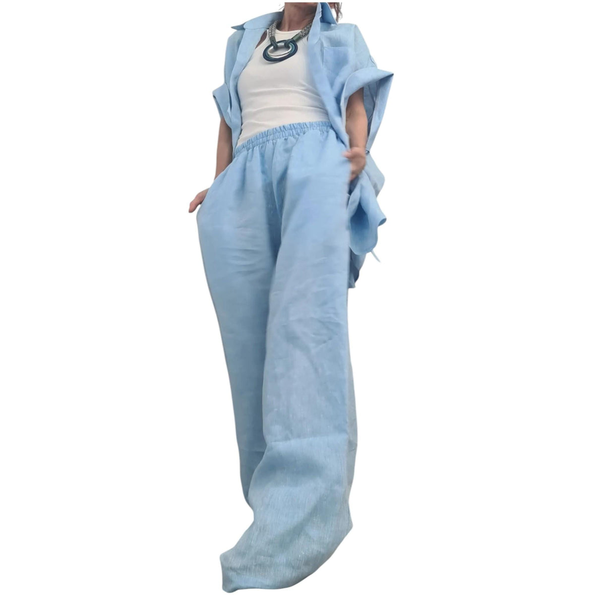 Linen Set Women, Baby Blue Wide Leg Pants, Asymmetric Shirt, Loose Summer Outfit